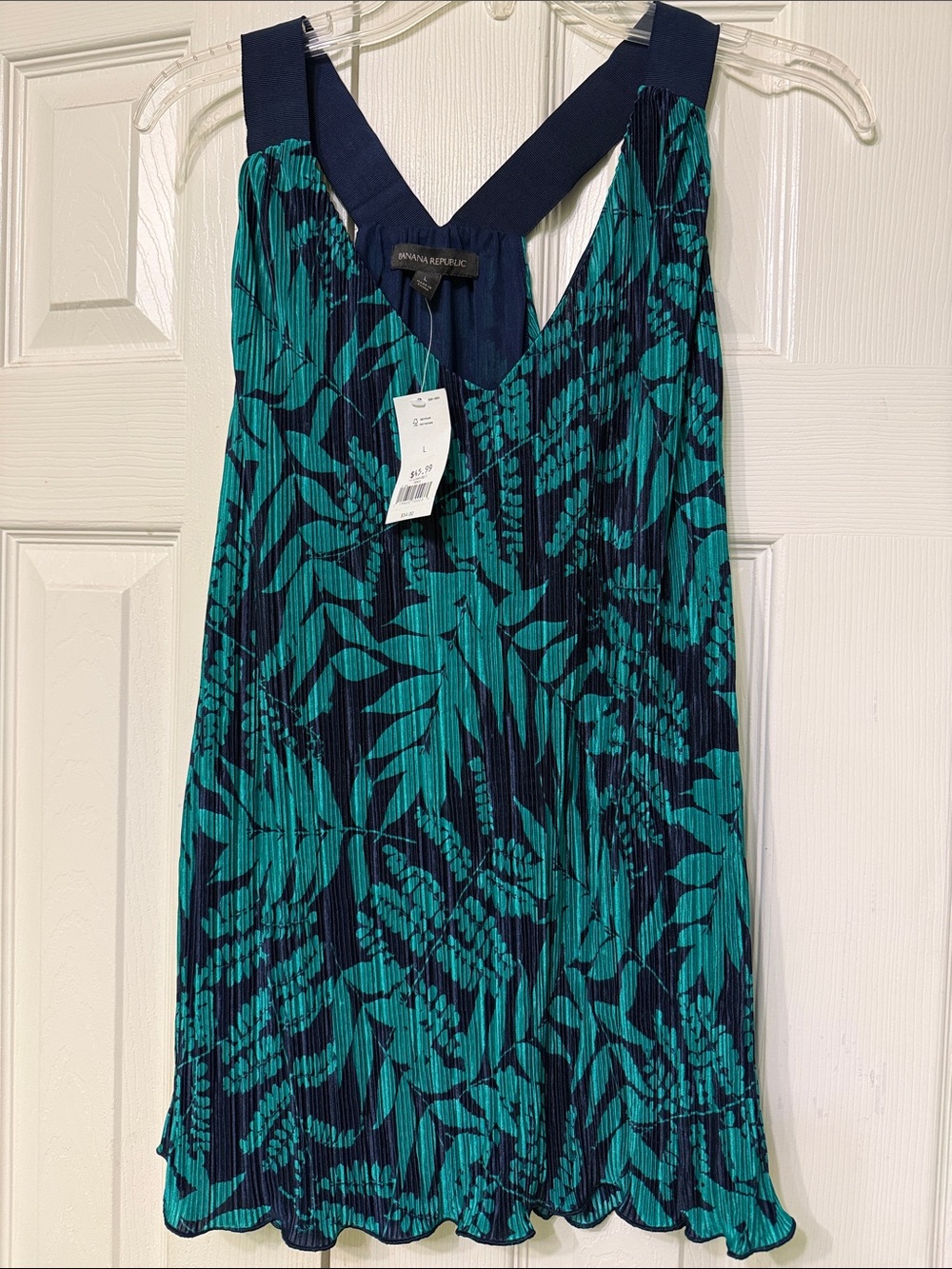 Banana Republic Teal & Navy Leaf-Print Pleated Mini Dress